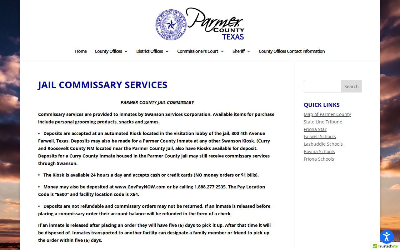 Parmer County jail commissary information related to current custody