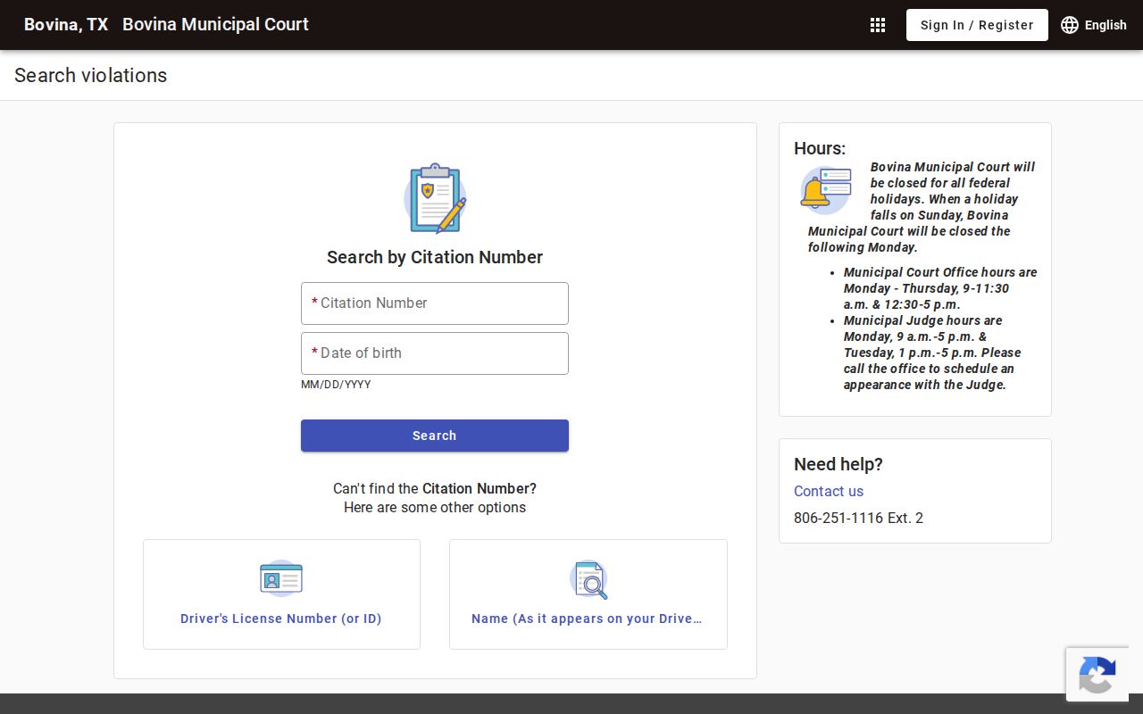 Bovina criminal history municipal citation search fields