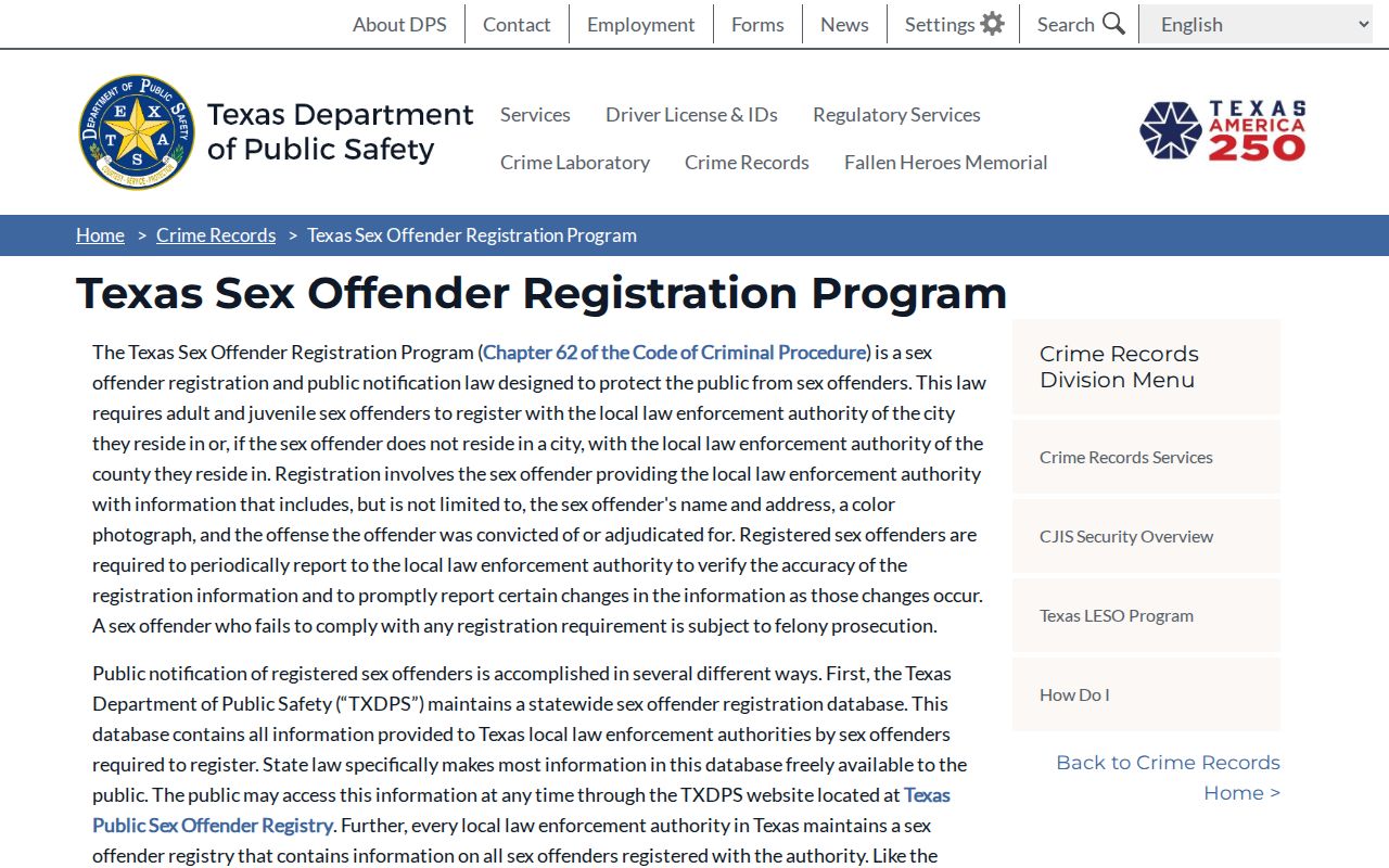 Texas DPS registration program information for a Parmer County sex offender check